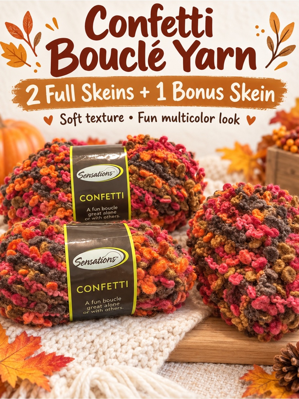 Sensations Confetti Bouclé Yarn - Autumn Blend (Orange, Brown, Red, Cream)